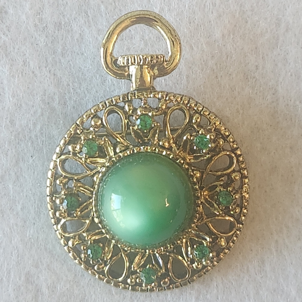 Vintage Gerrys Pocket Watch Moonglow Lucite Cabochon Green & Gold Pendant Brooch